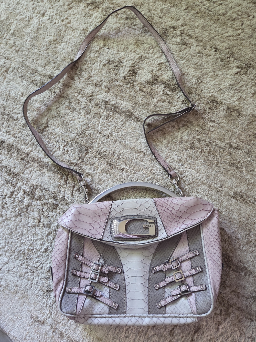 Guess Pink Snake-Embossed Convertible Crossbody Bag